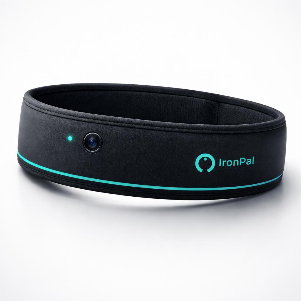 IronPal headband — matte black with electric-teal stripe, flush camera lens, teal LED and wordmark.