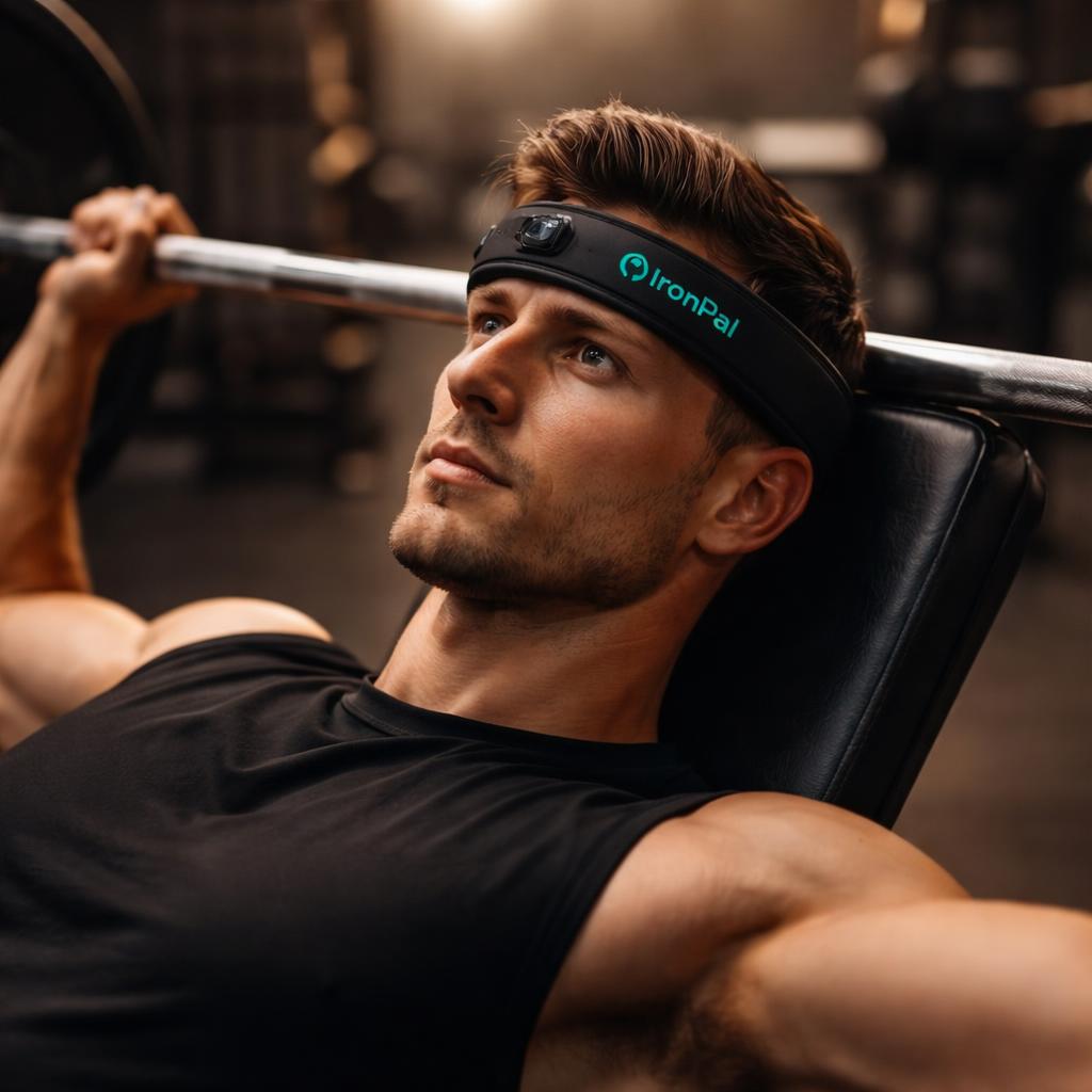 Athletic male bench-pressing while wearing the IronPal headband, teal logo visible, in a warmly lit gym.