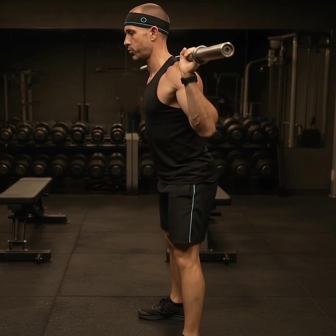 Peter squatting under a barbell, seen from the side — the view the form screen is reading.