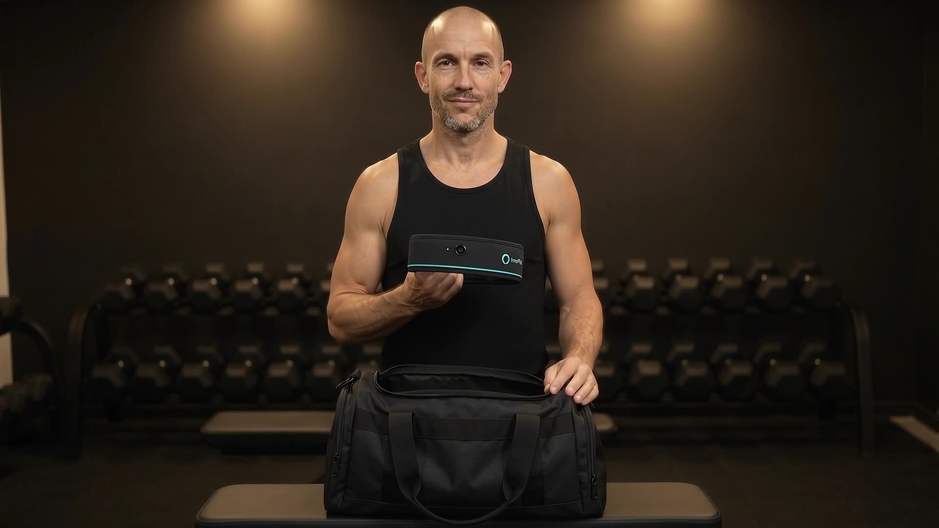 Peter, IronPal's founder, holding the IronPal headband up to the camera in a warmly lit gym.
